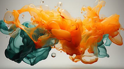 Interplay of tangerine and emerald green liquids colliding, producing a vivid and dynamic abstract display - obrazy, fototapety, plakaty
