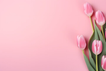 Tulips on a pink background copy space for text, Generative Ai