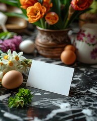 Easter card concept.  eggs and flowers with empty space for your text on blurred background. Springtime, religious and seasonal style.