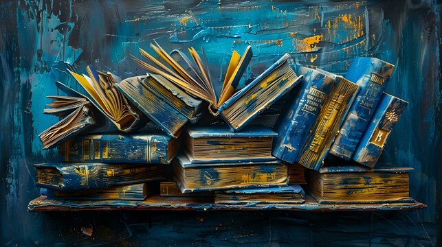 Vibrant oil painting of open books on a shelf conveying knowledge and education. artistic and colorful bookshelf decor for libraries and bookworms. ideal for creative spaces. AI