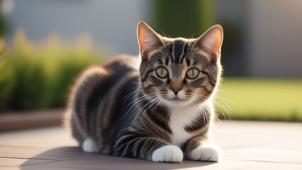 A cute striped kitten lies on the street. Young tabby cat outside the house in the sun during the day