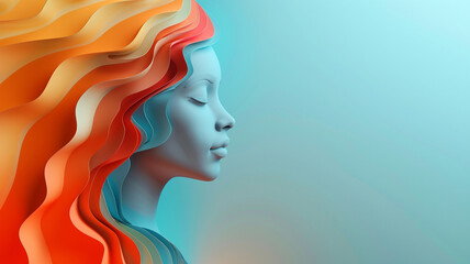 A digital portrait blending serene beauty with a flowing gradient of warm and cool colors, evoking a sense of calm and balance.