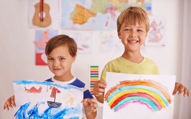 Paper, art and portrait of children with presentation for painting, display and poster in playroom....