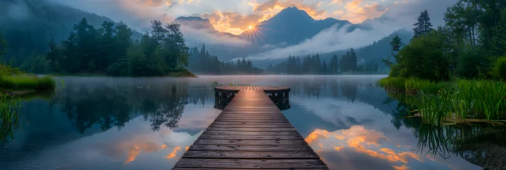 Tafelkleed Boardwalk Over One Mile Lake at Sunrise, Pemberton , A bridge over the ocean with a sunset in the background © marchsing