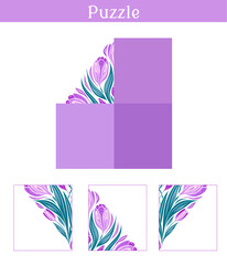 Vector printed child game. Complete the flower puzzle. Educational game with spring flowers.