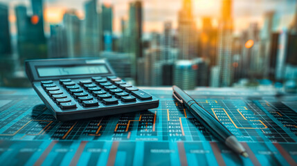 Double exposure of city and pen, calculator , money , graph for finance and business concept.