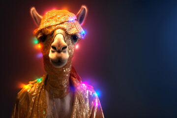 Creative animal concept. Camel in disco neon glitter glam shiny glow sequin outfit, copy text space. commercial, editorial advertisement party invitation invite, surreal surrealism	
