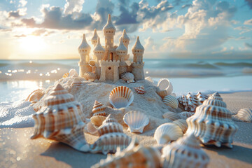A beach with a sandcastle decorated with seashells - obrazy, fototapety, plakaty