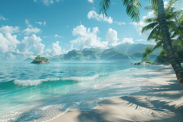 A tropical beach with palm trees swaying in the breeze