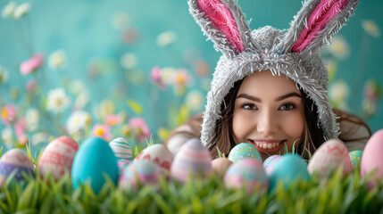 A young woman in a bunny costume smiling close to the easter eggs with copy space on the left site, Generative AI - 754116270