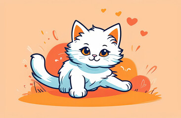 Fototapeta premium red cat sits on a orange background. Cute ginger kitten in cartoon style. illustration for postcard, banner, web, design, arts