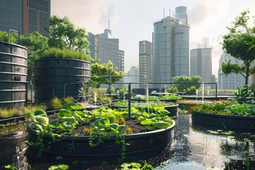 A realistic depiction of a modern cityscape where buildings are equipped with rainwater harvesting...