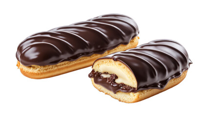chocolate eclairs on isolated on transparent png background. Generative ai