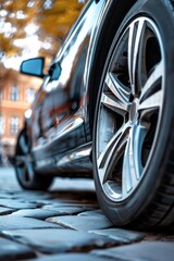 Close-Up View of a Modern Cars Alloy Wheel on a Paved Street in Daylight