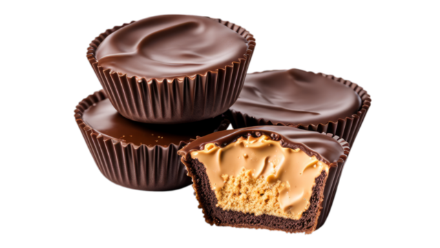 chocolate peanut butter cups on isolated on transparent png background. Generative ai