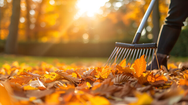 Person rake leaves in autumn. generative ai