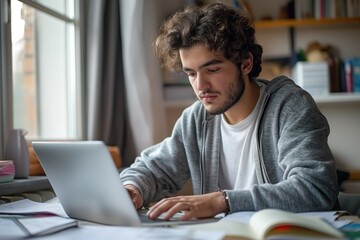 Young adult male focused on laptop amidst study materials in a home setting, concept of education and remote learning