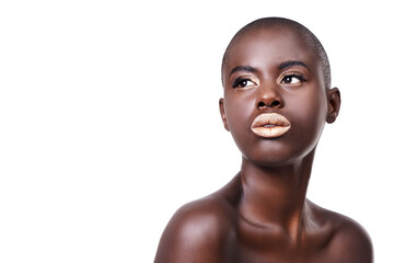 Space for black woman, thinking or makeup with lipstick, cosmetics or beauty mockup in studio. Gold color, bald head or African girl model with glow, eyeshadow or skincare results on white background