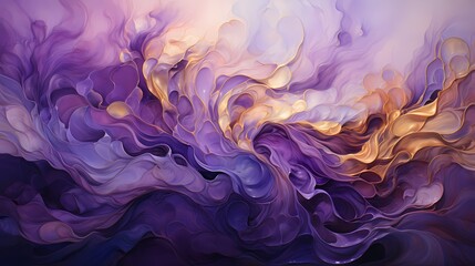 Intense fusion of amethyst and goldenrod liquids colliding with dynamic force, producing a breathtaking abstract display - obrazy, fototapety, plakaty