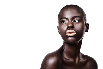 Mockup for black woman, thinking or makeup with lipstick, cosmetics or beauty space in studio. Gold...