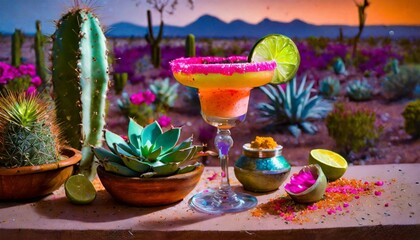 Desert Oasis: A margarita evoking the tranquility of the desert, using prickly pear or cactus fruit flavors, rimmed with pink Himalayan salt and adorned with succulent plant accents.