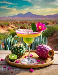 Desert Oasis: A margarita evoking the tranquility of the desert, using prickly pear or cactus fruit flavors, rimmed with pink Himalayan salt and adorned with succulent plant accents.