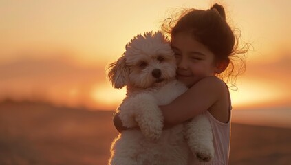 copy space, stockphoto, realistic, National Love Your Pet Day. Little girl hugging her dog. Peaceful scene. Love and friendship between an animal, dog and girl, owner