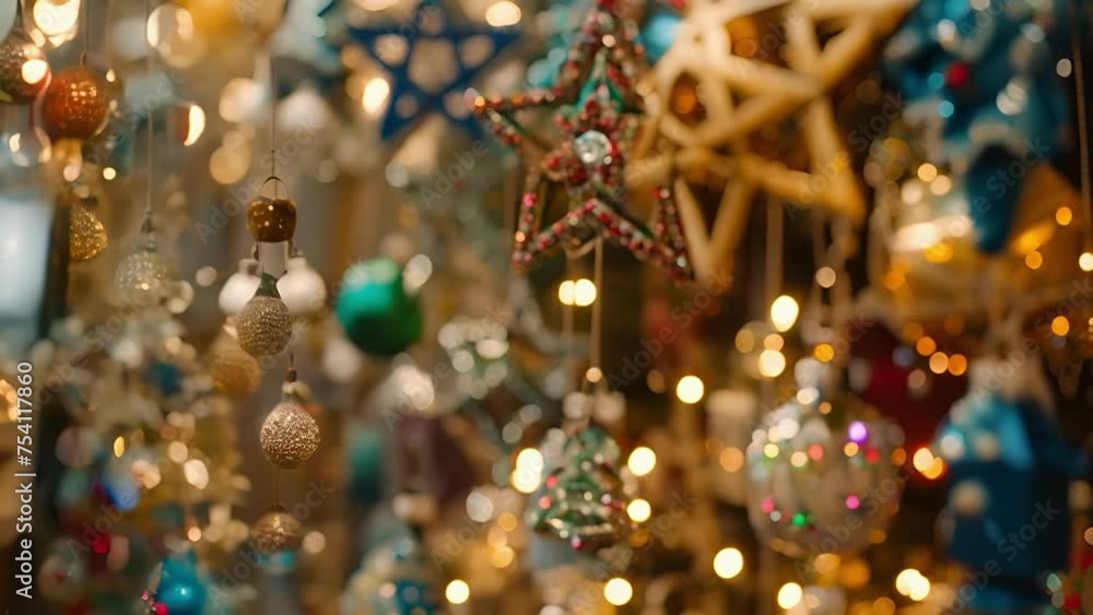 Poster rows of dazzling hanukkah ornaments from sparkling stars of david to shimmering dreidels hanging fro