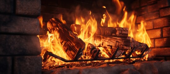 A close-up view of a fireplace filled with roaring flames, creating a strong and warm source of light and heat. The intense fire crackles and flickers, illuminating the surrounding area.
