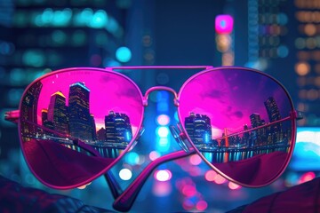 A pair of neon pink aviator sunglasses with a mirror reflection of a bustling city skyline, highlighting their urban chic style. 8k - Powered by Adobe