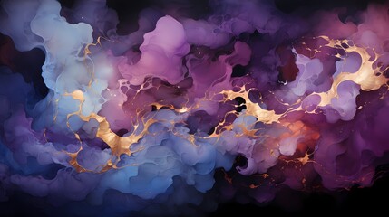 Intense fusion of amethyst and goldenrod liquids colliding with dynamic force, creating a breathtaking abstract composition - obrazy, fototapety, plakaty