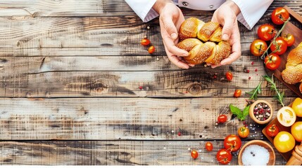 Chef's hands with freshly baked fragrant bread with a crispy crust. The bread's aroma transports you to a cozy bakery on a crisp morning. - obrazy, fototapety, plakaty