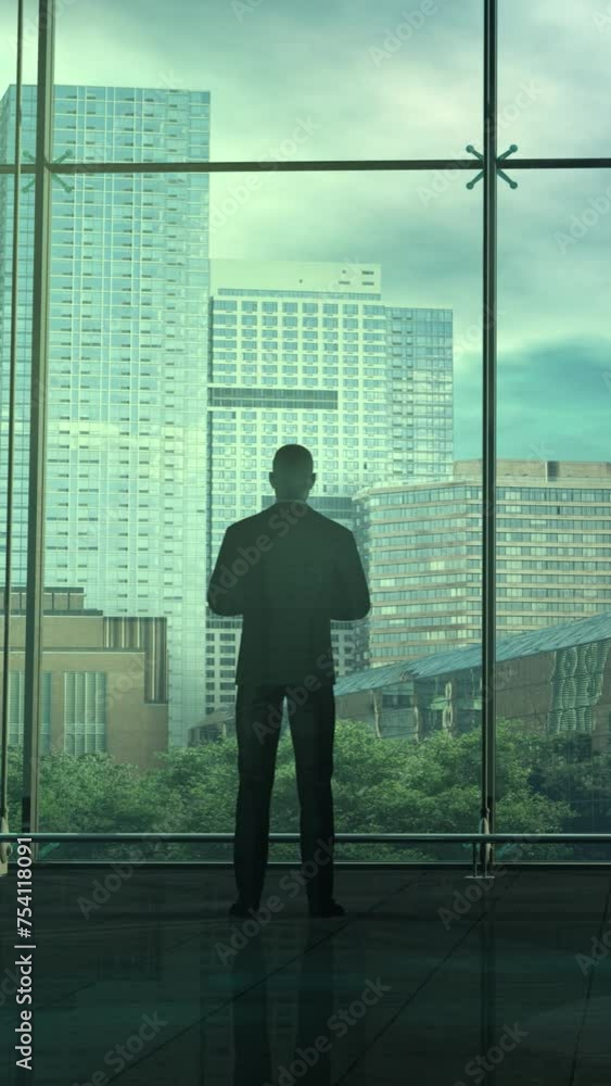 Poster the businessman stands with his back in front of the viewer, 3d render.