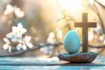 Easter background with cross, flowers and Easter egg. Generative ai  - 754118014