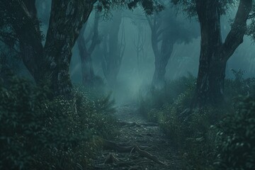 A narrow path leading through a mist-covered forest, with tall, ancient trees whose roots intertwine with the undergrowth.  - Powered by Adobe