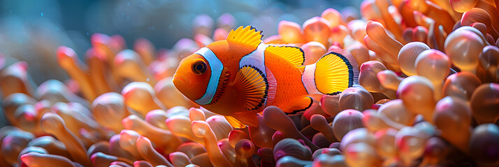 Pink Anemonefish (Amphiprion perideraion) Among Sea Anemones ,
clown fish and coral underwater anemone fish life in the sea 3d illustration