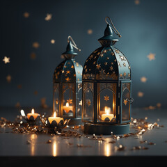 Fototapeta na wymiar Islamic background for ramadan lanterns and crescent moon stars, with perfect details