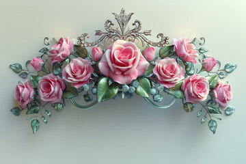 a tiara with pink roses and green leaves on gray background.
