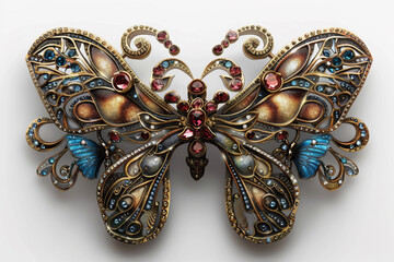 a brooch with a butterfly design and sparkling crystals.