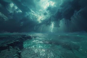 storm over the sea at night scary photograph - obrazy, fototapety, plakaty