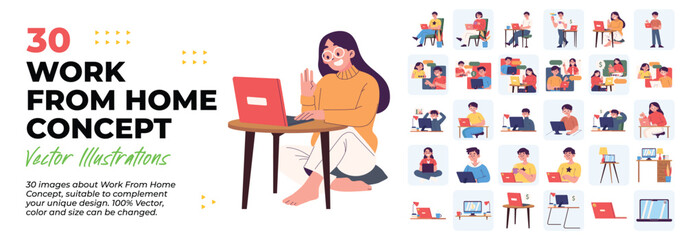 Work From Home Concept. Mega Set. Collection Scenes of Young People, Male and Female doing working at Home, Using Laptop or computer. Vector Illustrations