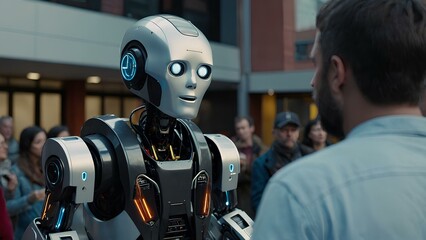 A robot talking to people