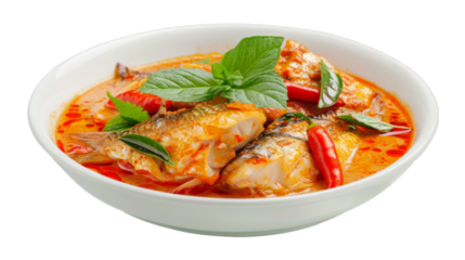 Spicy Red Curry with Catfish on isolated on transparent png background. Generative ai