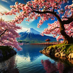 Keuken spatwand met foto 일본의 후지산과 벛꽃이 보이는 봄의 풍경 © 인철 정
