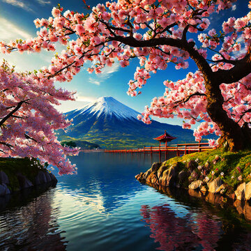 일본의 후지산과 벛꽃이 보이는 봄의 풍경