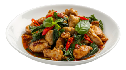 Stir-Fried Chicken with Holy Basil on isolated on transparent png background. Generative ai