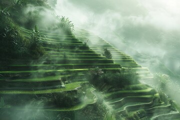 A series of terraced rice paddies, carved into the side of a foggy mountain in a tropical region. 