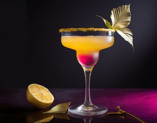 Vintage Glamour: Elegance of a vintage-inspired margarita, featuring a champagne float atop a classic margarita base, garnished with gold leaf and a vintage crystal cocktail pick.