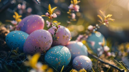 Fototapeta na wymiar Colorful hand painted Easter eggs in the grass on a sunny spring day. Easter decoration, banner, panorama, background with copy space for text. Happy Easter.