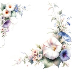 Watercolor painting of morning glory flowers and botanical elements for corner and border invitation